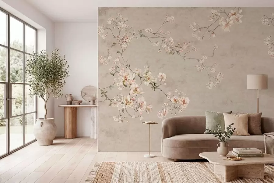 Fototapete Zarte Blumenranken im Chinoiserie-Stil auf hellem Hintergrund w05427