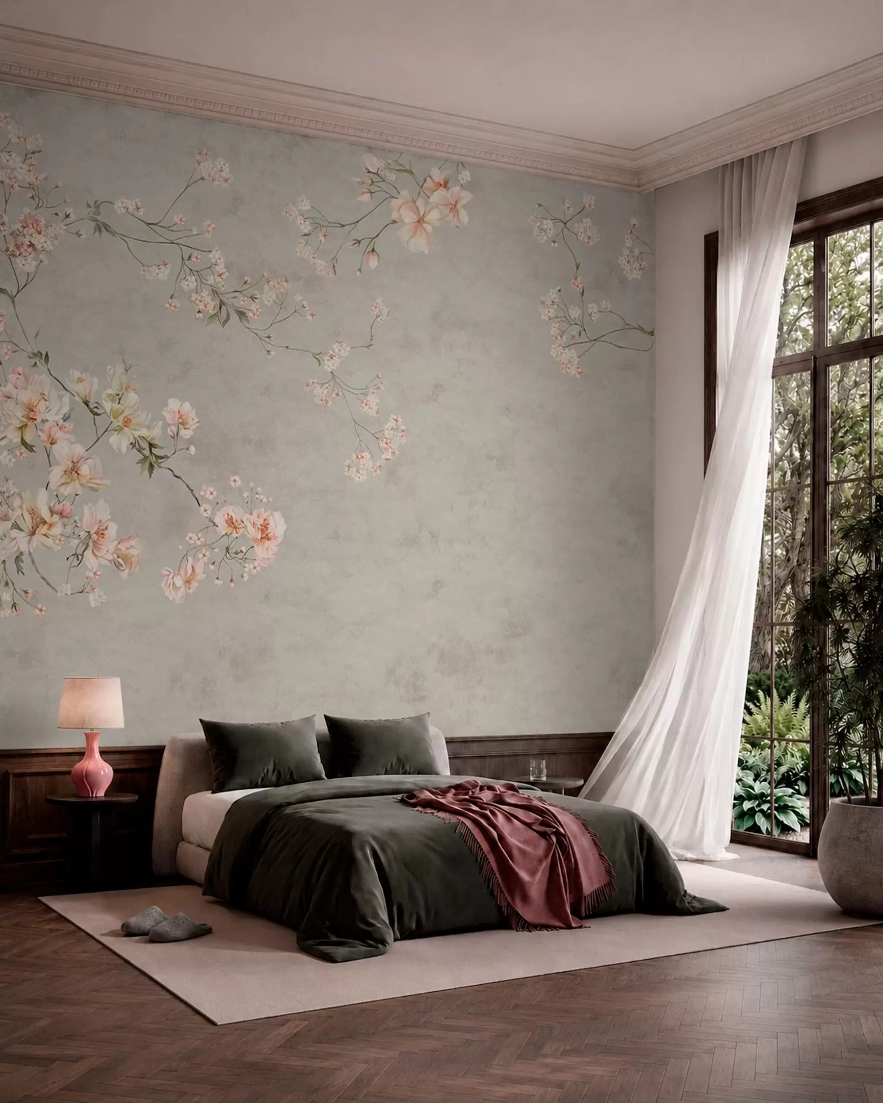 Murale Branches fleuries de style chinoiserie sur fond gris w05427v1