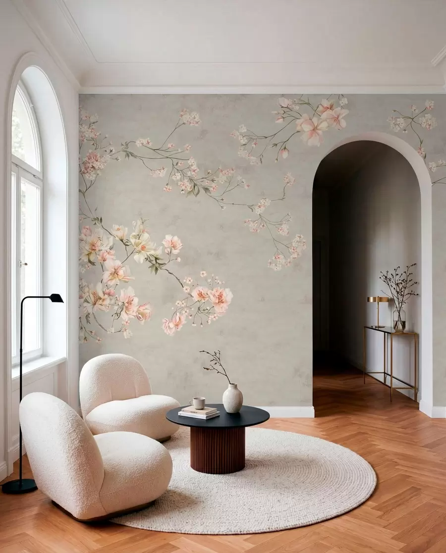 Murale Branches fleuries de style chinoiserie sur fond gris w05427v1