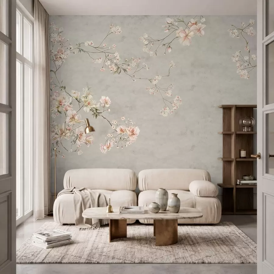 Fototapete Blütenzweige im Chinoiserie-Stil auf grauem Hintergrund w05427v1