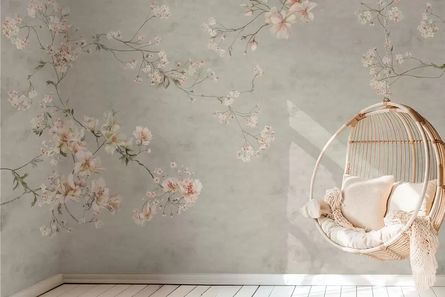 fototapeter Blomstergrene i chinoiserie-stil på grå baggrund w05427v1