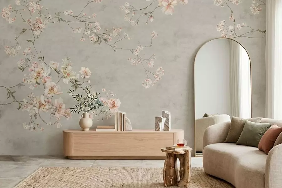 Murale Branches fleuries de style chinoiserie sur fond gris w05427v1
