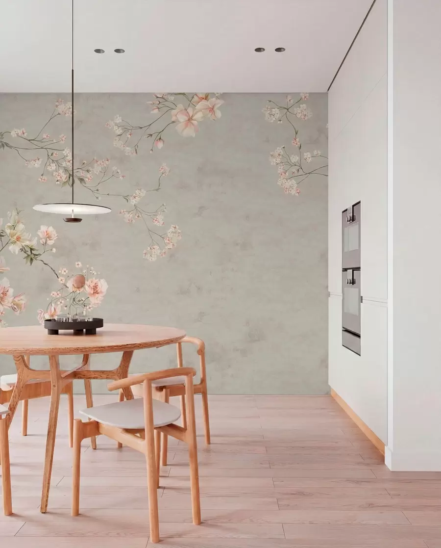 Fototapete Blütenzweige im Chinoiserie-Stil auf grauem Hintergrund w05427v1
