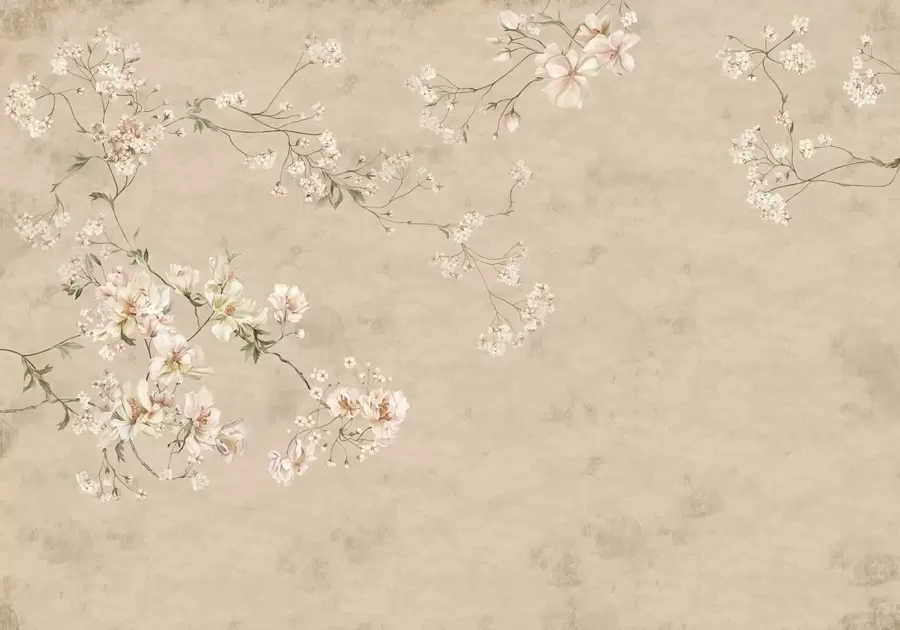 fototapeter Blomstergrene i chinoiserie-stil på en varm beige baggrund w05427v2