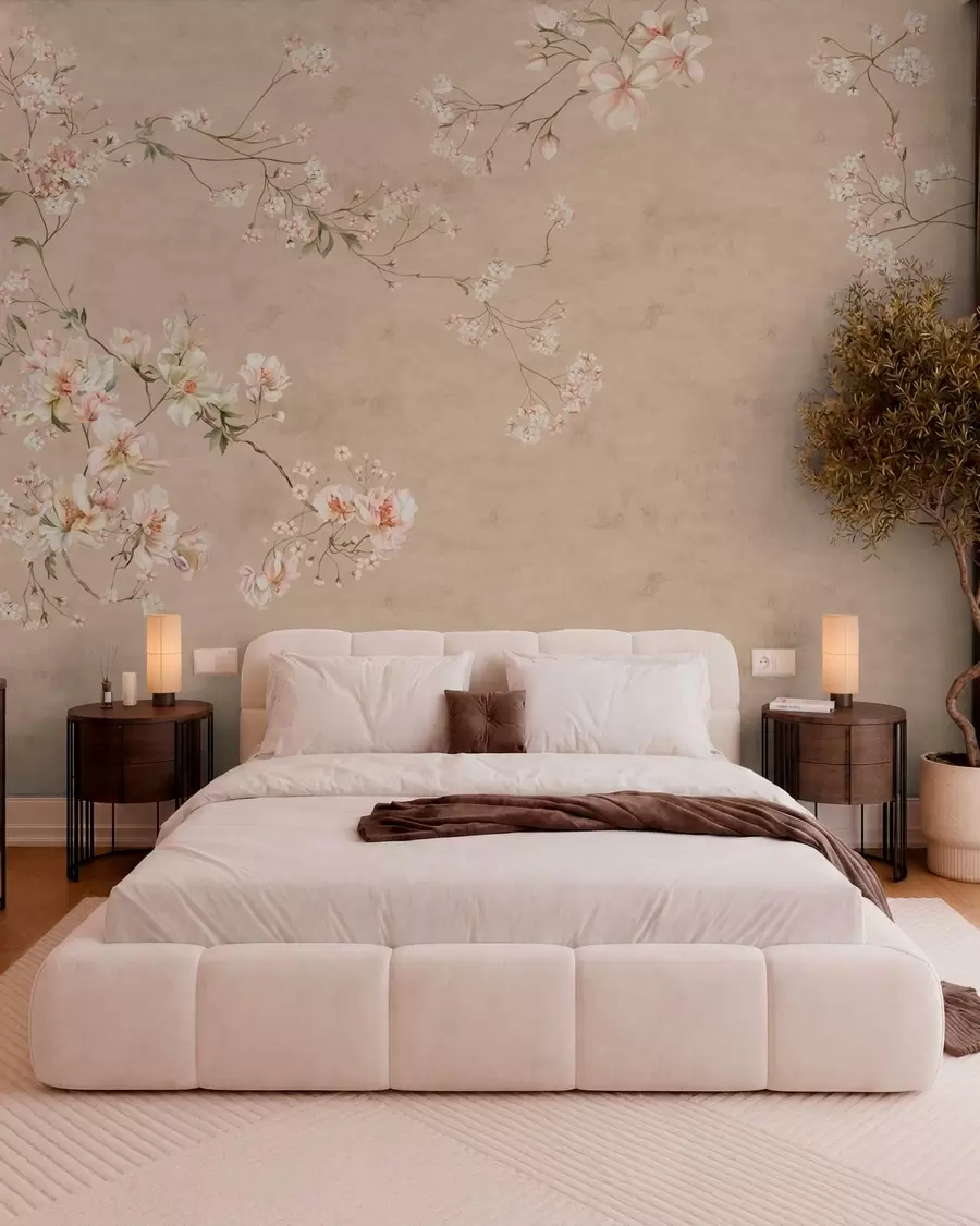 fototapeter Blomstergrene i chinoiserie-stil på en varm beige baggrund w05427v2