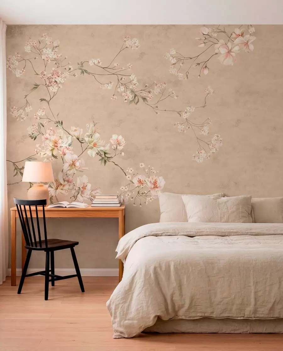 fototapeter Blomstergrene i chinoiserie-stil på en varm beige baggrund w05427v2