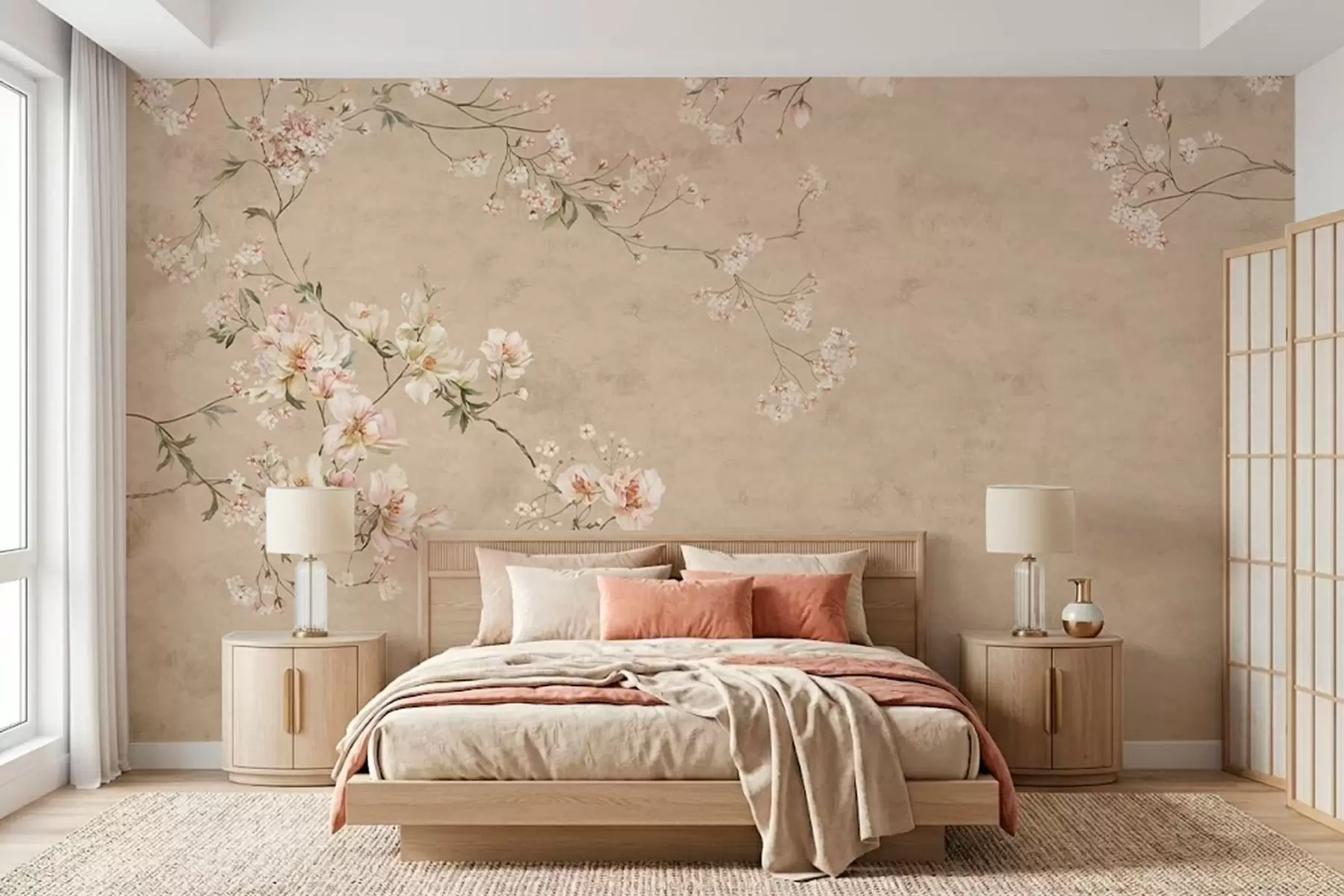 Fototapete Blütenzweige im Chinoiserie-Stil auf warmem beigem Hintergrund w05427v2
