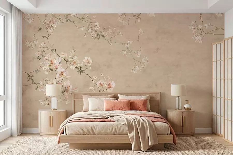 Murale Branches florales de style chinoiserie sur fond beige chaud w05427v2