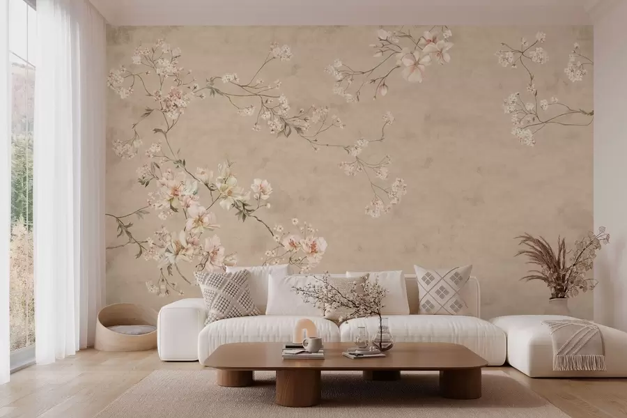 Fototapete Blütenzweige im Chinoiserie-Stil auf warmem beigem Hintergrund w05427v2