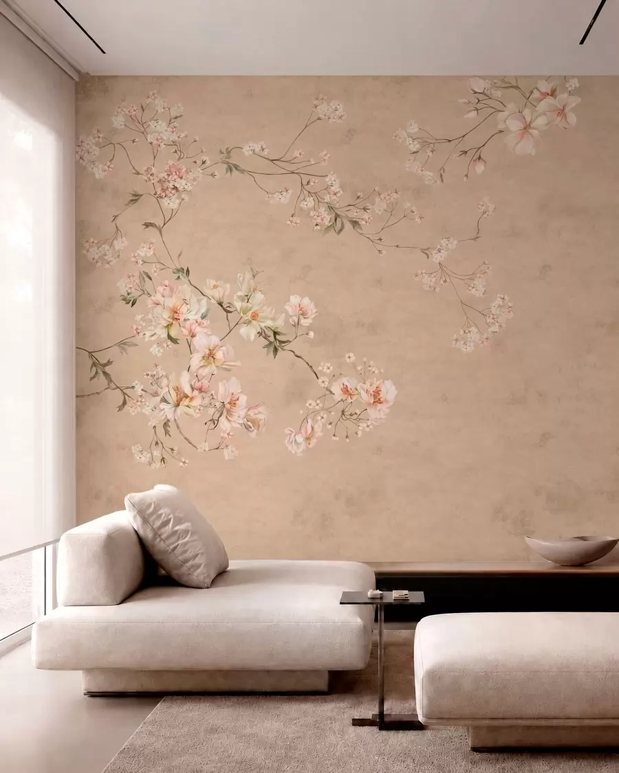 fototapeter Blomstergrene i chinoiserie-stil på en varm beige baggrund w05427v2