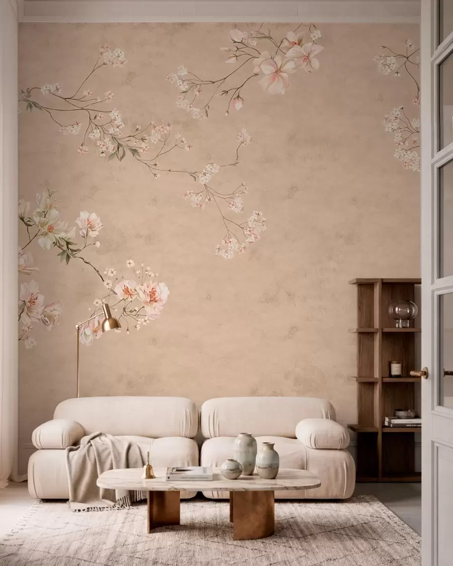 fototapeter Blomstergrene i chinoiserie-stil på en varm beige baggrund w05427v2