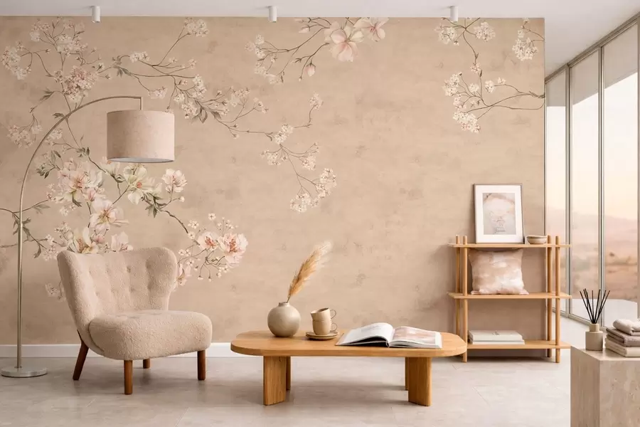 Murale Branches florales de style chinoiserie sur fond beige chaud w05427v2