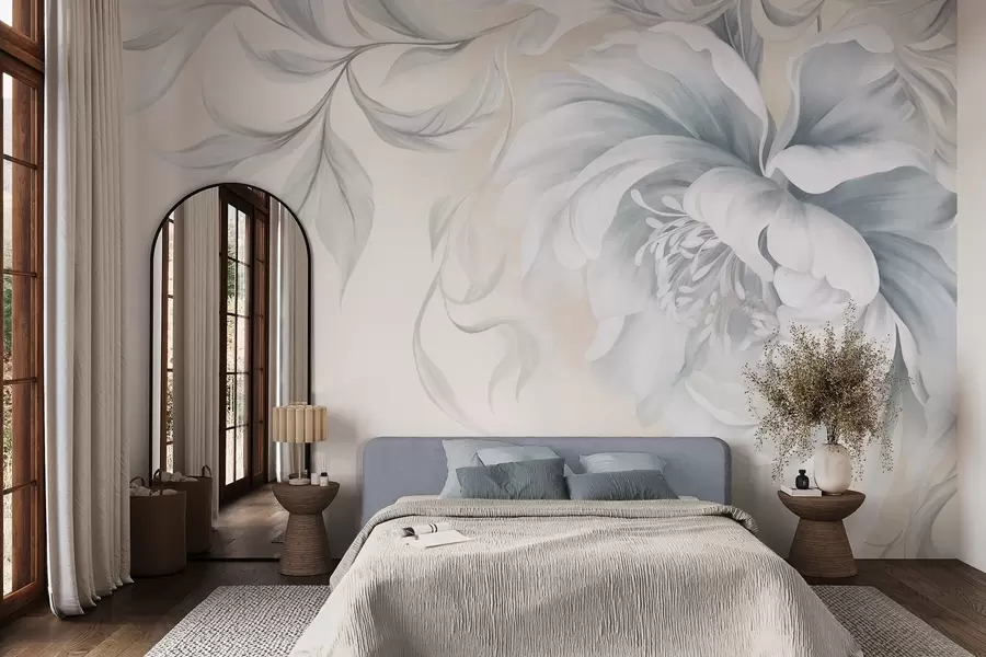 Fototapete Große, strukturierte Pfingstrose mit zarten Blütenblättern und grauen Blättern, in sanftem Stil gemalt w09647