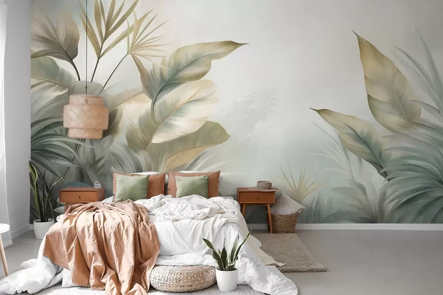 Murale De grandes feuilles tropicales texturées dans des tons verts et beiges discrets, un décor de jungle w09820