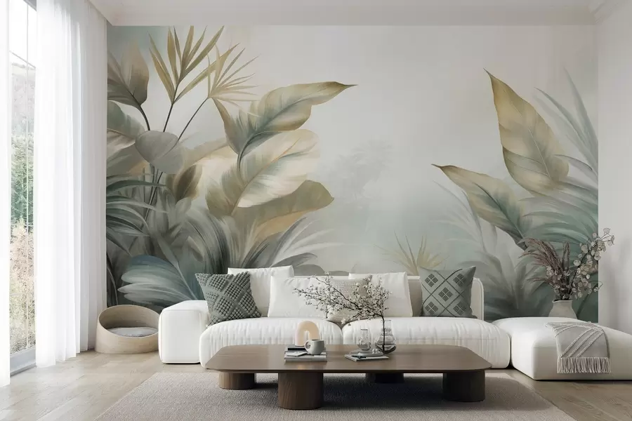 Murale De grandes feuilles tropicales texturées dans des tons verts et beiges discrets, un décor de jungle w09820