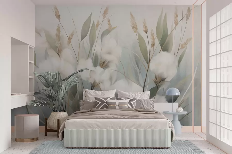 Murale Des fleurs blanches séchées et de hautes herbes sur un fond doux et discret, peintes dans un style impressionniste w09823
