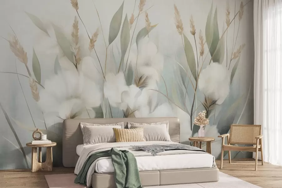 Murale Des fleurs blanches séchées et de hautes herbes sur un fond doux et discret, peintes dans un style impressionniste w09823