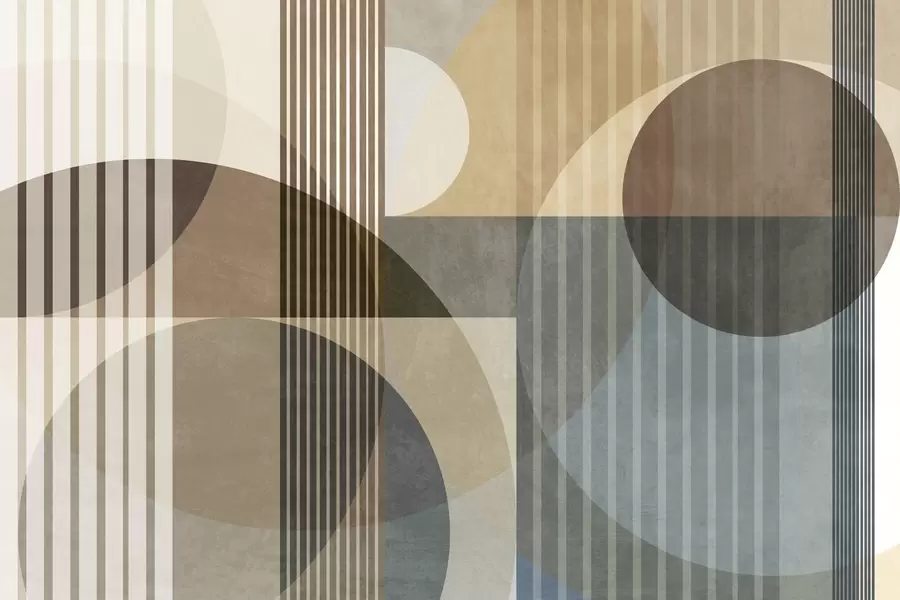 Fototapete Abstrakte geometrische Formen aus Kreisen und Linien, gedämpfte Erdtöne, strukturierte, vielschichtige Komposition w09834