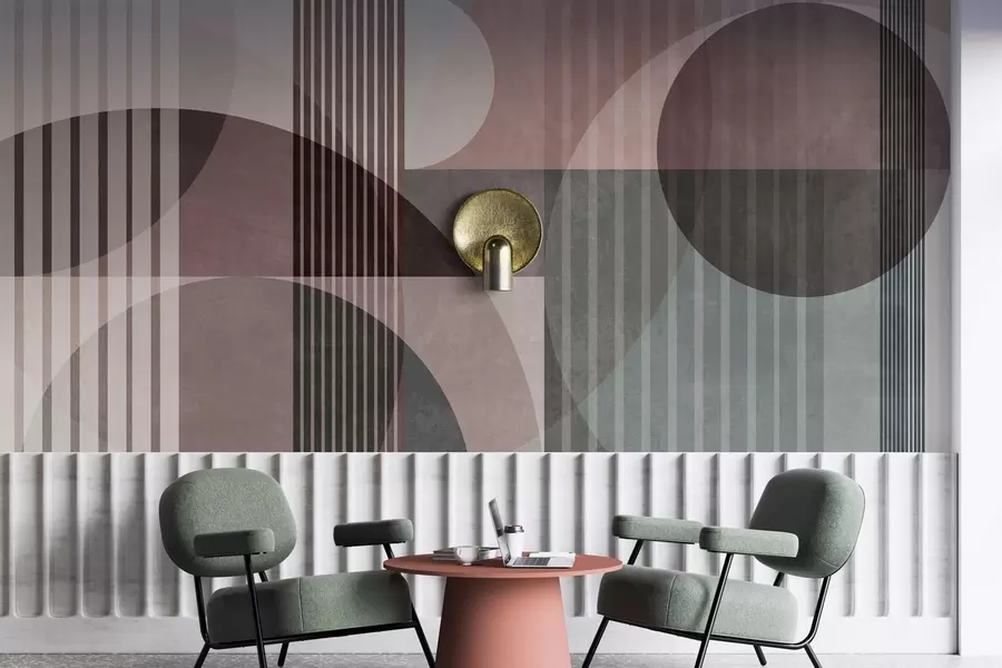 Fototapete Abstrakte geometrische Formen aus Kreisen und Linien, gedämpfte Farbtöne, strukturierte, vielschichtige Komposition w09834v1