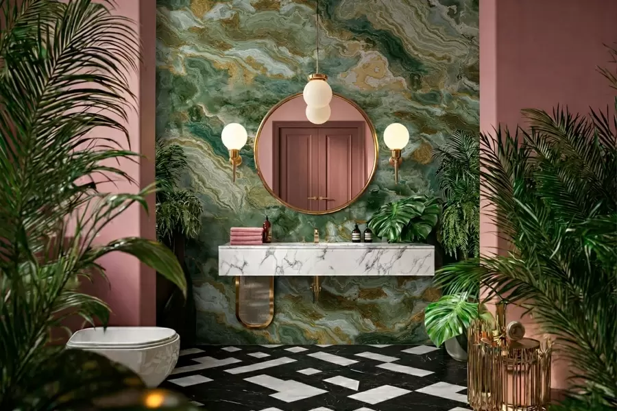 Fototapete Struktur aus grünem Onyx mit fließenden, geschichteten Adern w05429