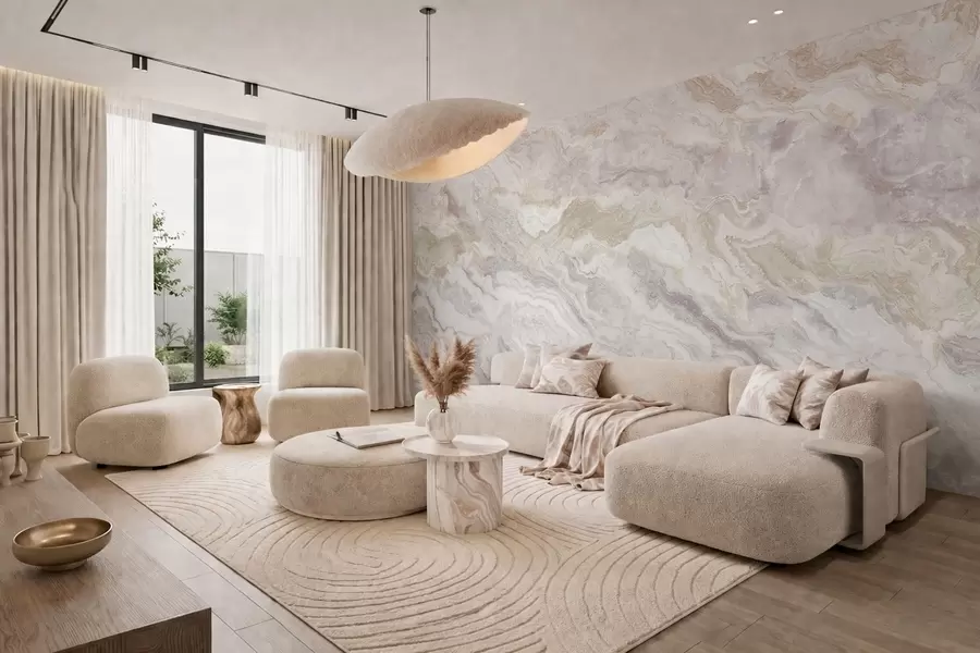 Fototapete Heller Onyx mit fließenden Schichten in Beige und Grau w05430