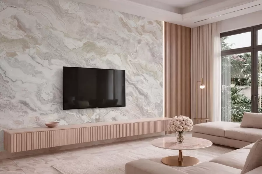 Fototapete Heller Onyx mit fließenden Schichten in Beige und Grau w05430