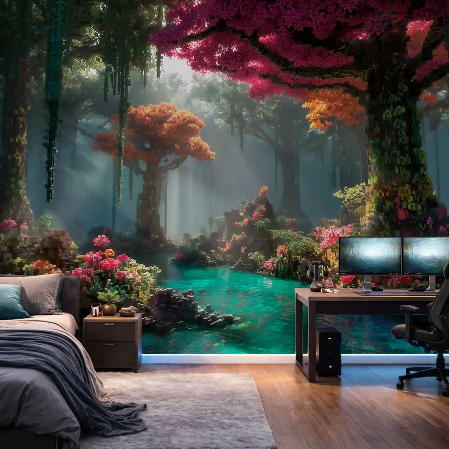 Fototapete Ein von Videospielen inspirierter, pixelartiger Zauberwald w09683