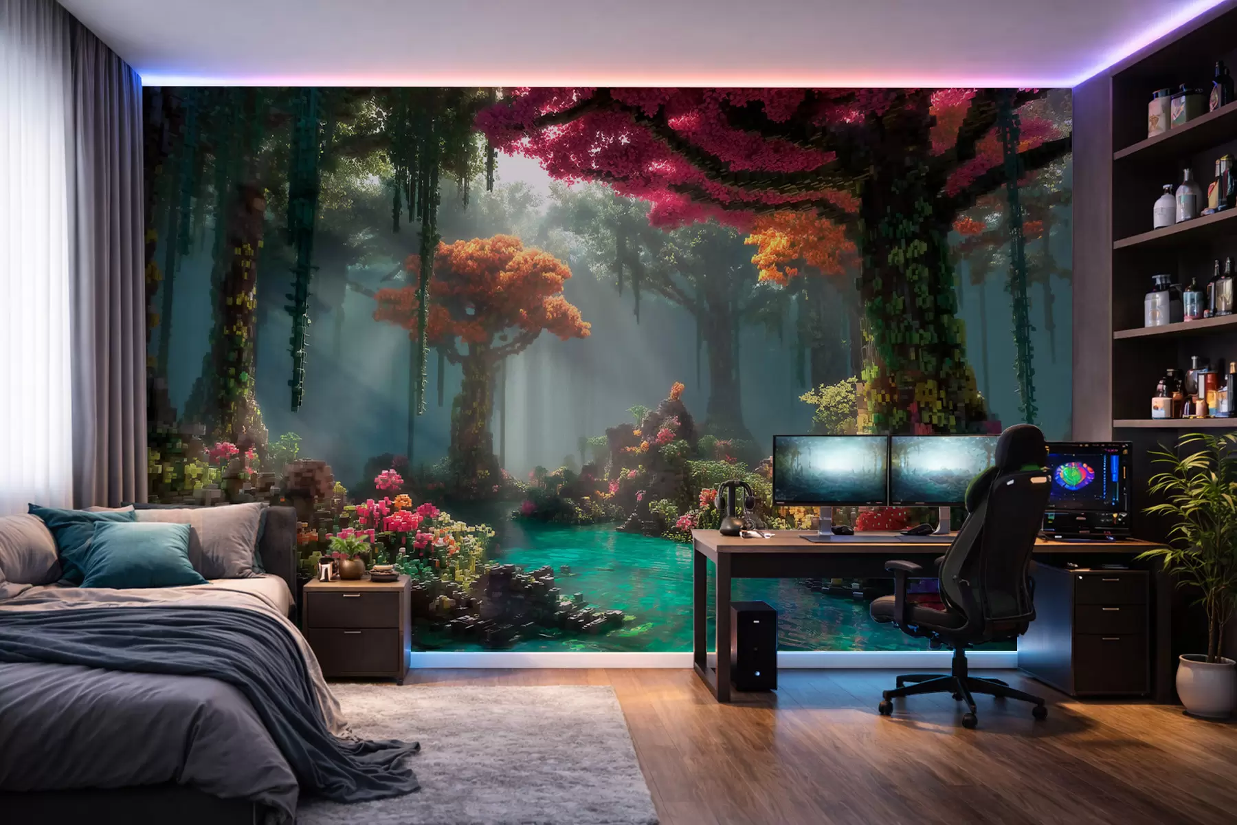 Murale Une clairière de la forêt enchantée en pixels inspirée des jeux vidéo w09683