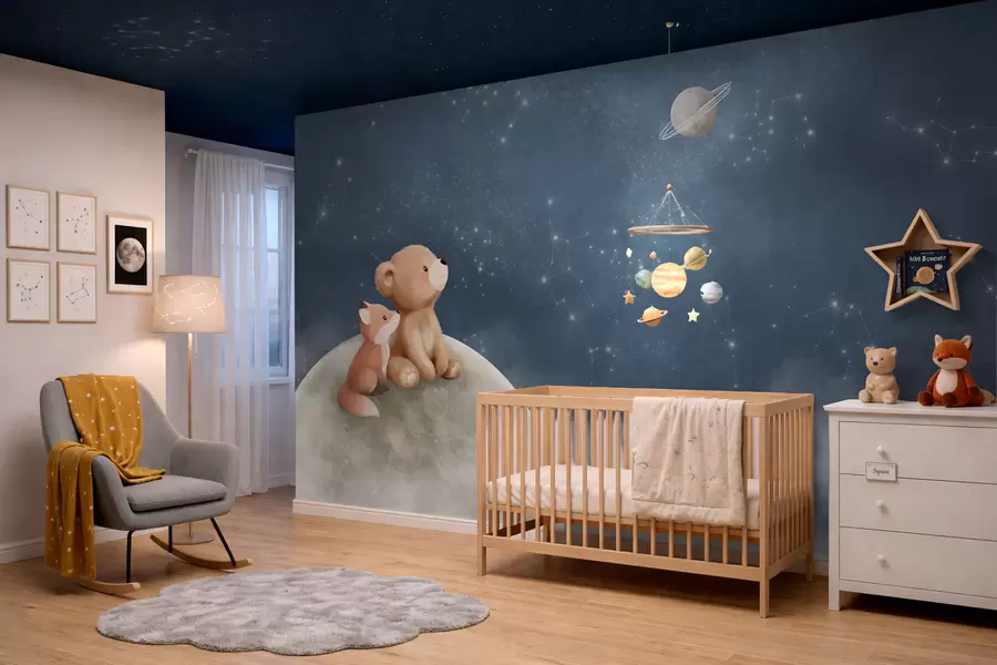fototapeter Pastelillustration af en bjørn og en ræv under nattehimlen w05431