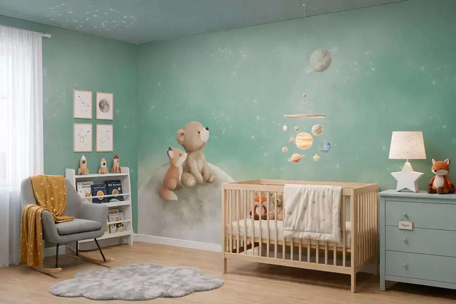 fototapeter Pastelillustration af en bjørn og en ræv mod en grøn himmel w05431v1