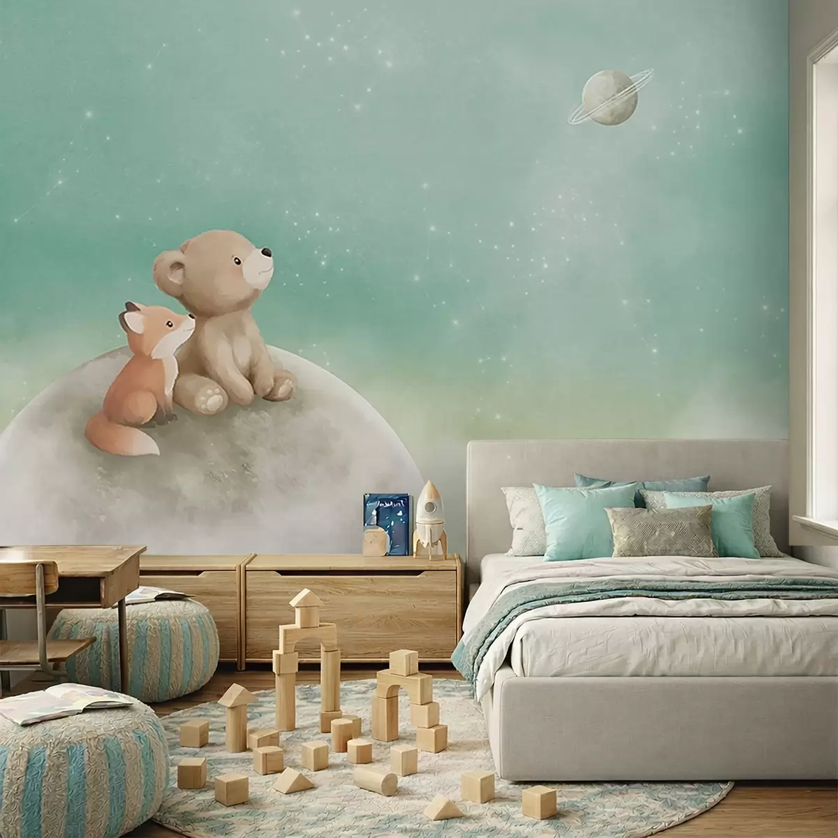 Murale Illustration au pastel représentant un ours et un renard sous un ciel vert w05431v1