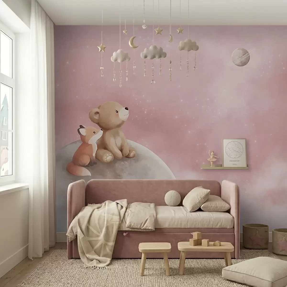 Murale Amis lunaires au ciel rose w05431v2