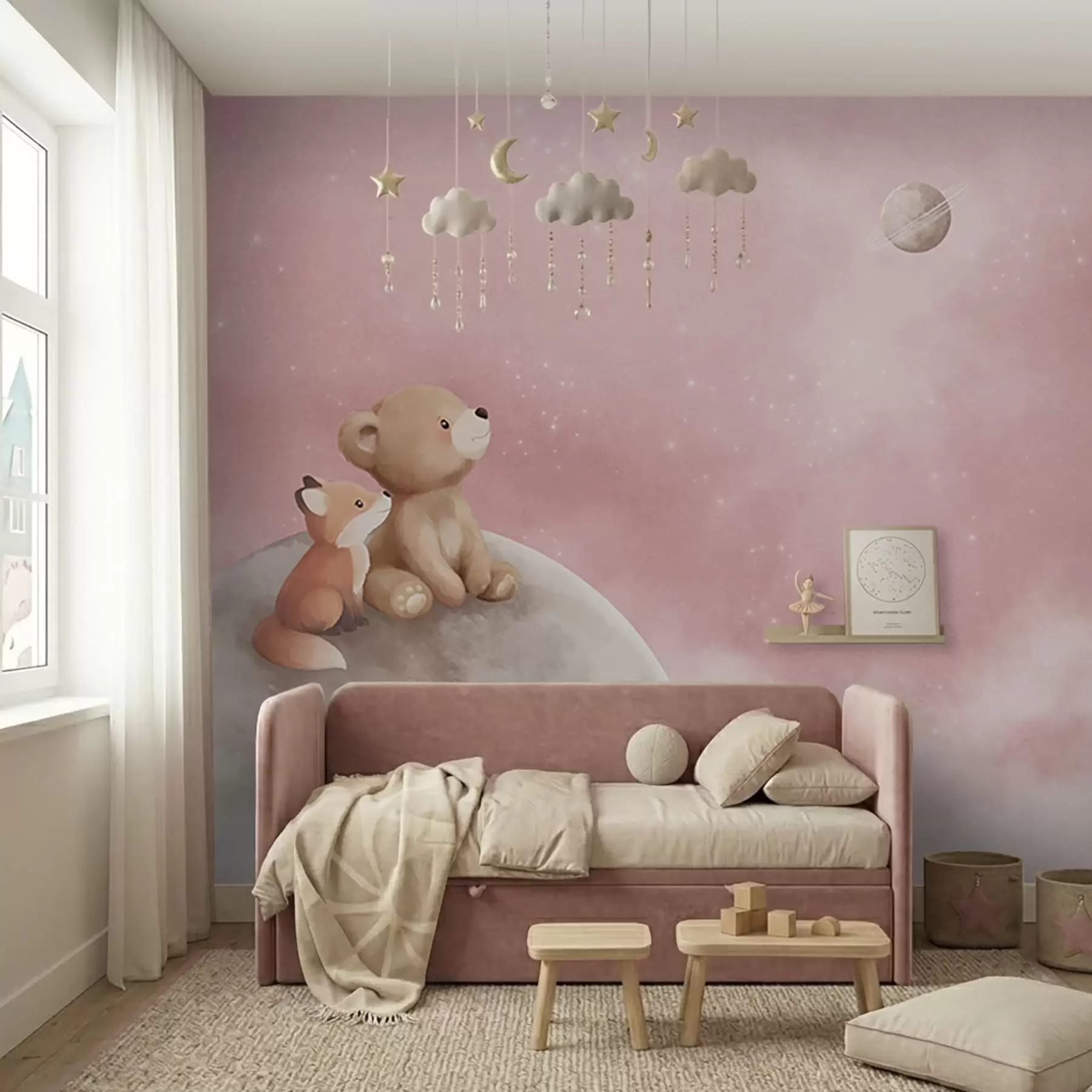 fototapeter Pastelillustration af en bjørn og en ræv på en lyserød himmel med månen w05431v2