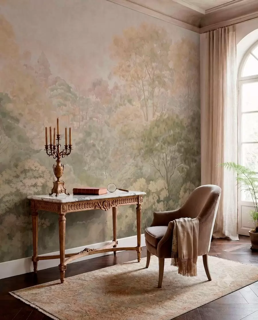 Murale Paysage forestier vintage aux tons verts discrets w05433