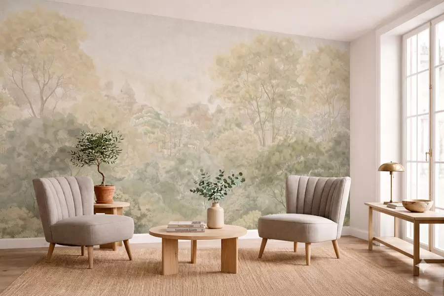 Murale Paysage forestier vintage aux tons verts discrets w05433