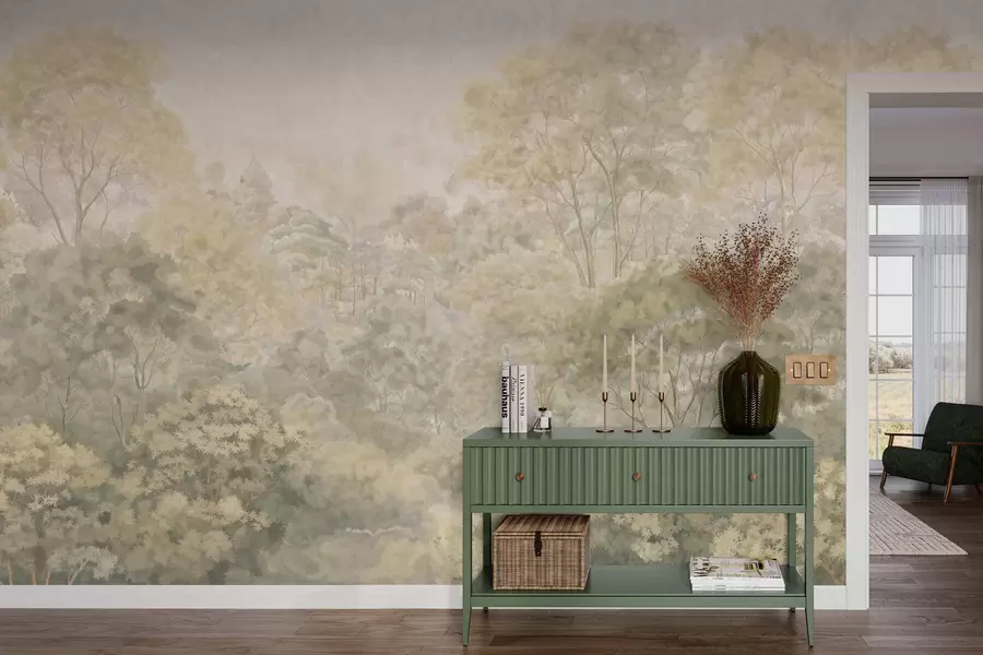 Murale Paysage forestier vintage aux tons verts discrets w05433