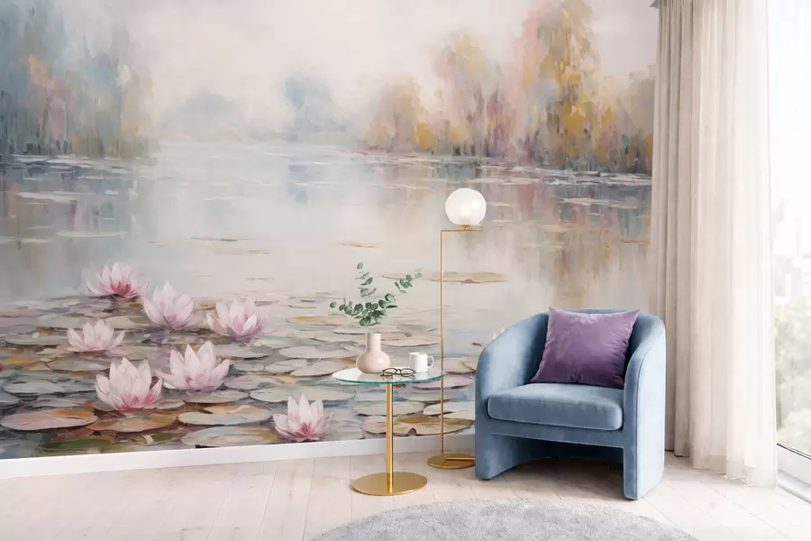 fototapeter Impressionistisk sø med åkander og blødt lys w05515