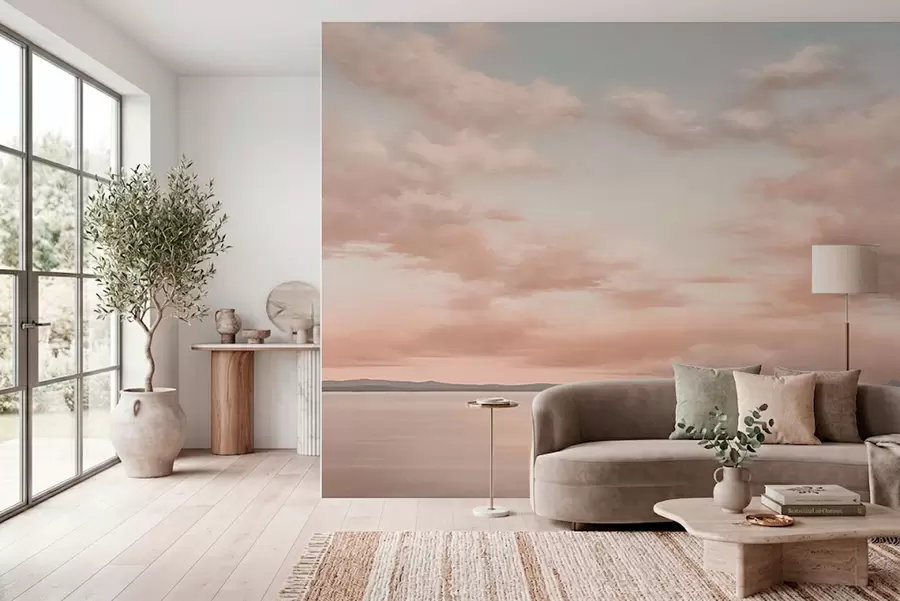 Murale Horizon marin minimaliste avec des nuages aux tons pastel w05516