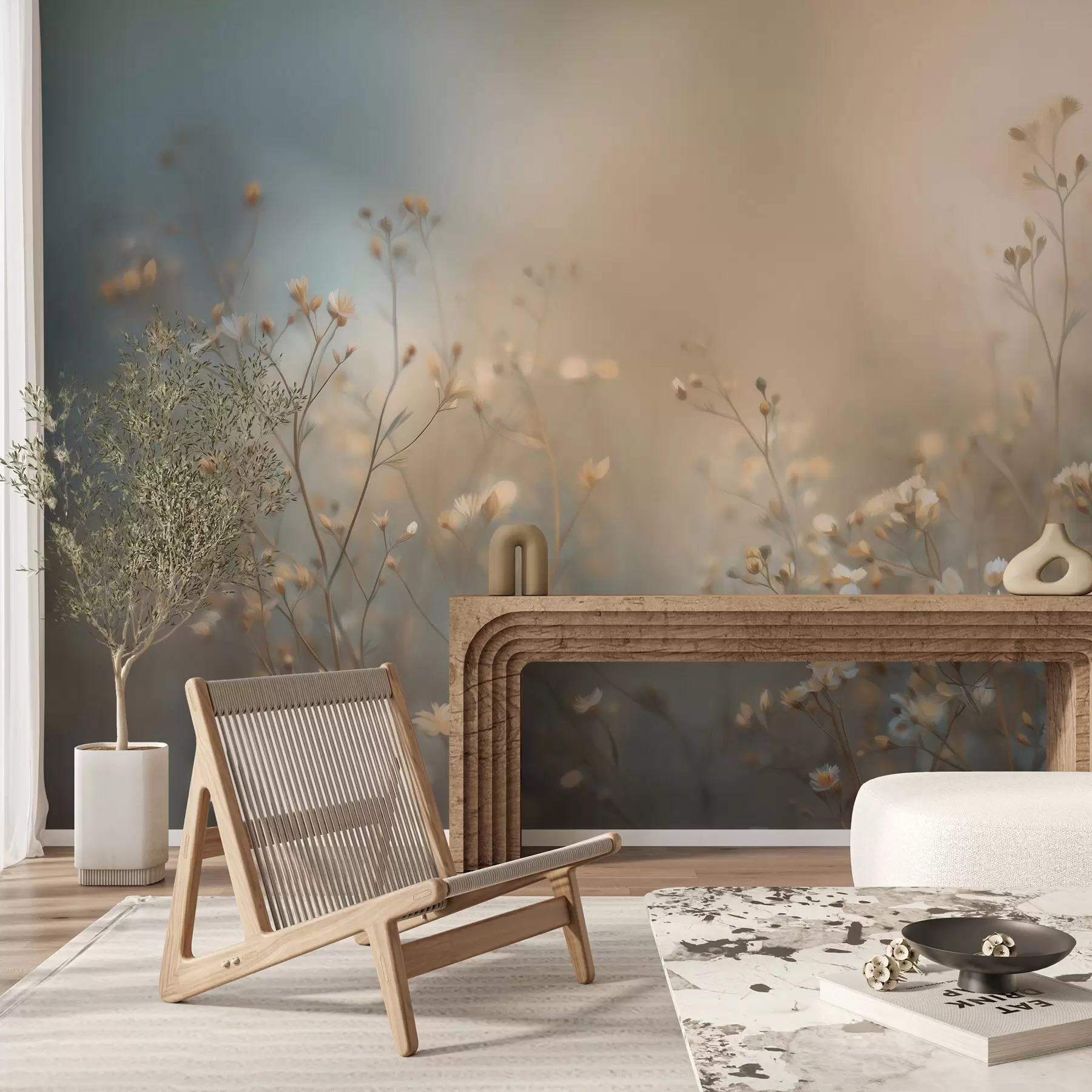 Murale des herbes des champs aux petites fleurs, mises en valeur par une faible profondeur de champ w05386