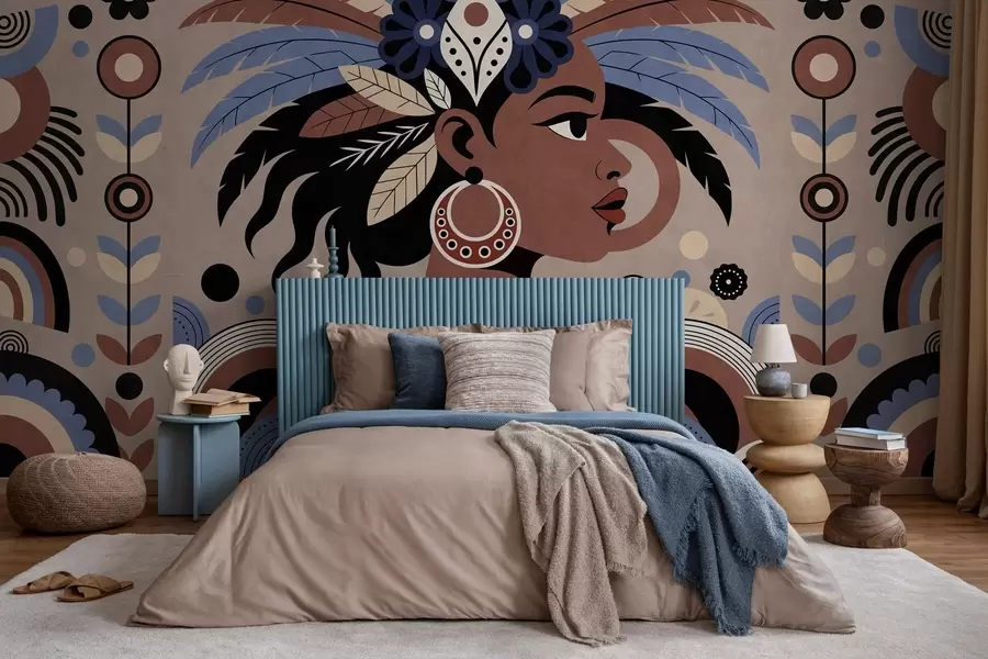 fototapeter et stilfuldt, afrikansk-inspireret design i nuancer af blå og chokoladebrun w05389