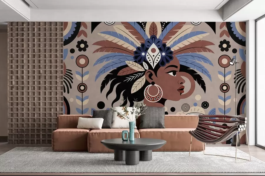 fototapeter et stilfuldt, afrikansk-inspireret design i nuancer af blå og chokoladebrun w05389