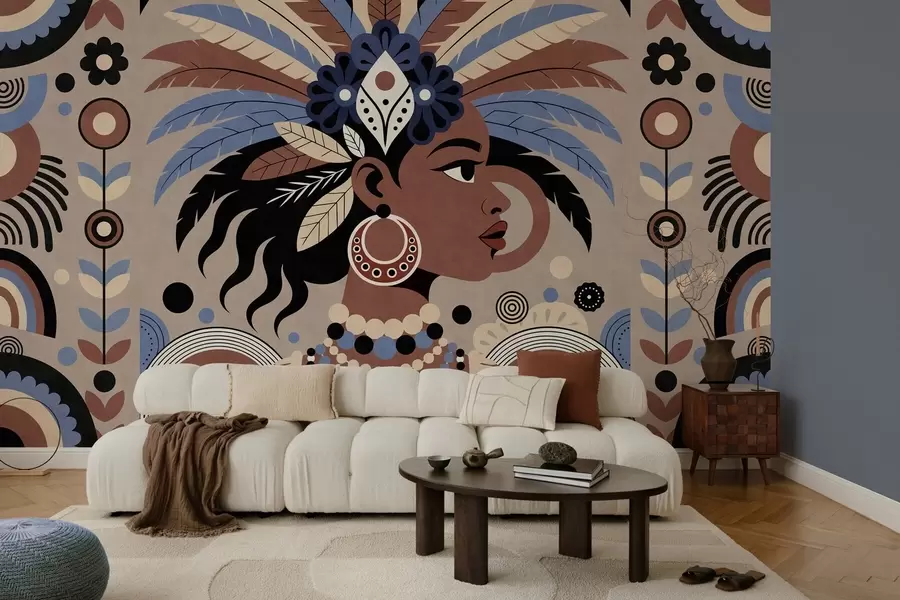fototapeter et stilfuldt, afrikansk-inspireret design i nuancer af blå og chokoladebrun w05389