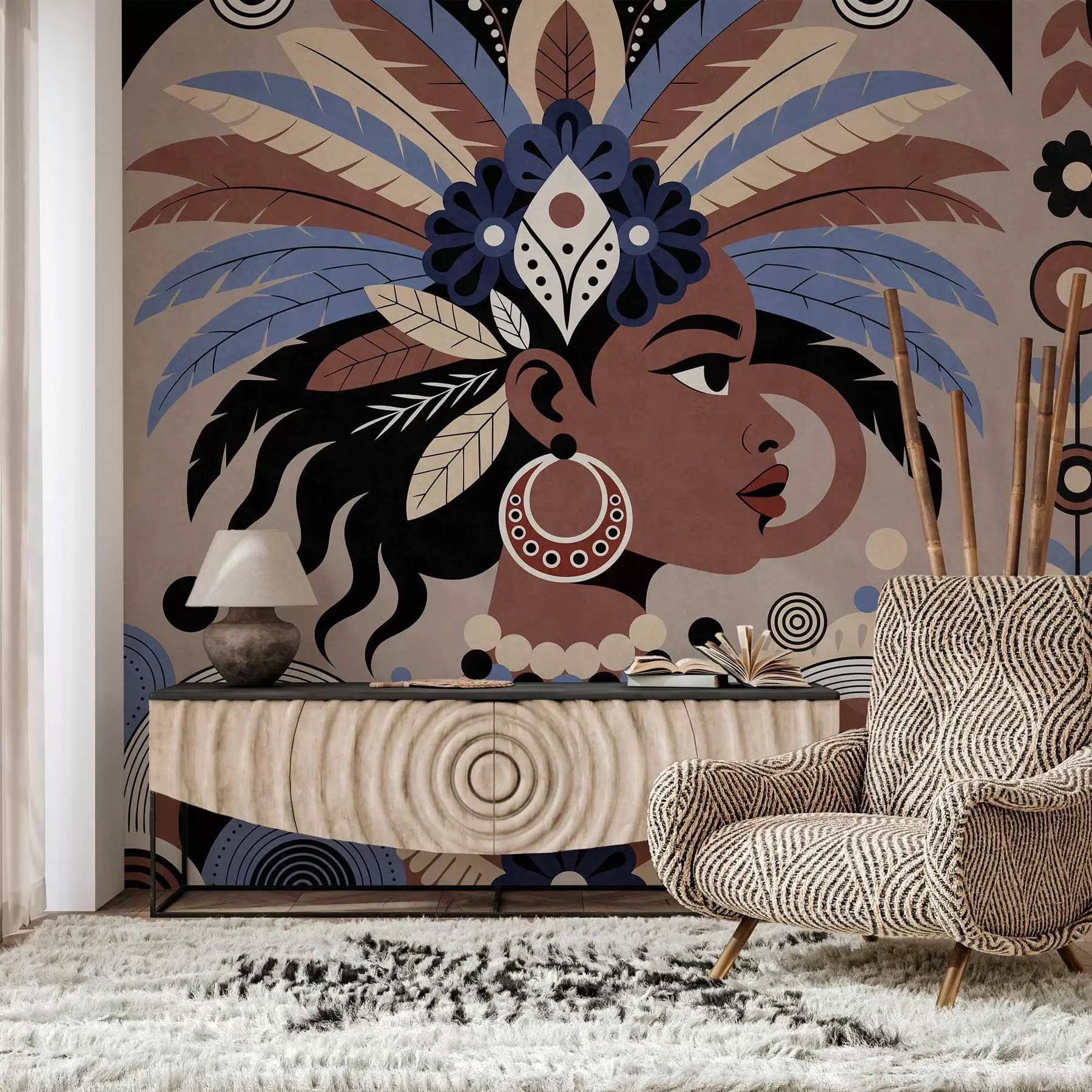 Fototapete ein stilvolles, afrikanisch inspiriertes Design in Blau- und Schokoladentönen w05389