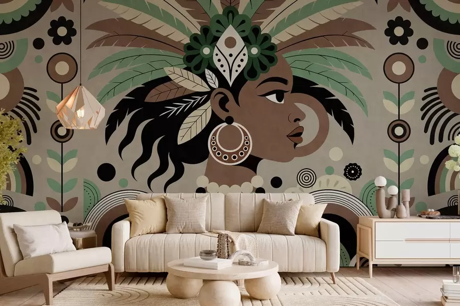 Fototapete ein stilvolles, afrikanisch inspiriertes Design in Grün-, Braun- und Beigetönen w05389v1