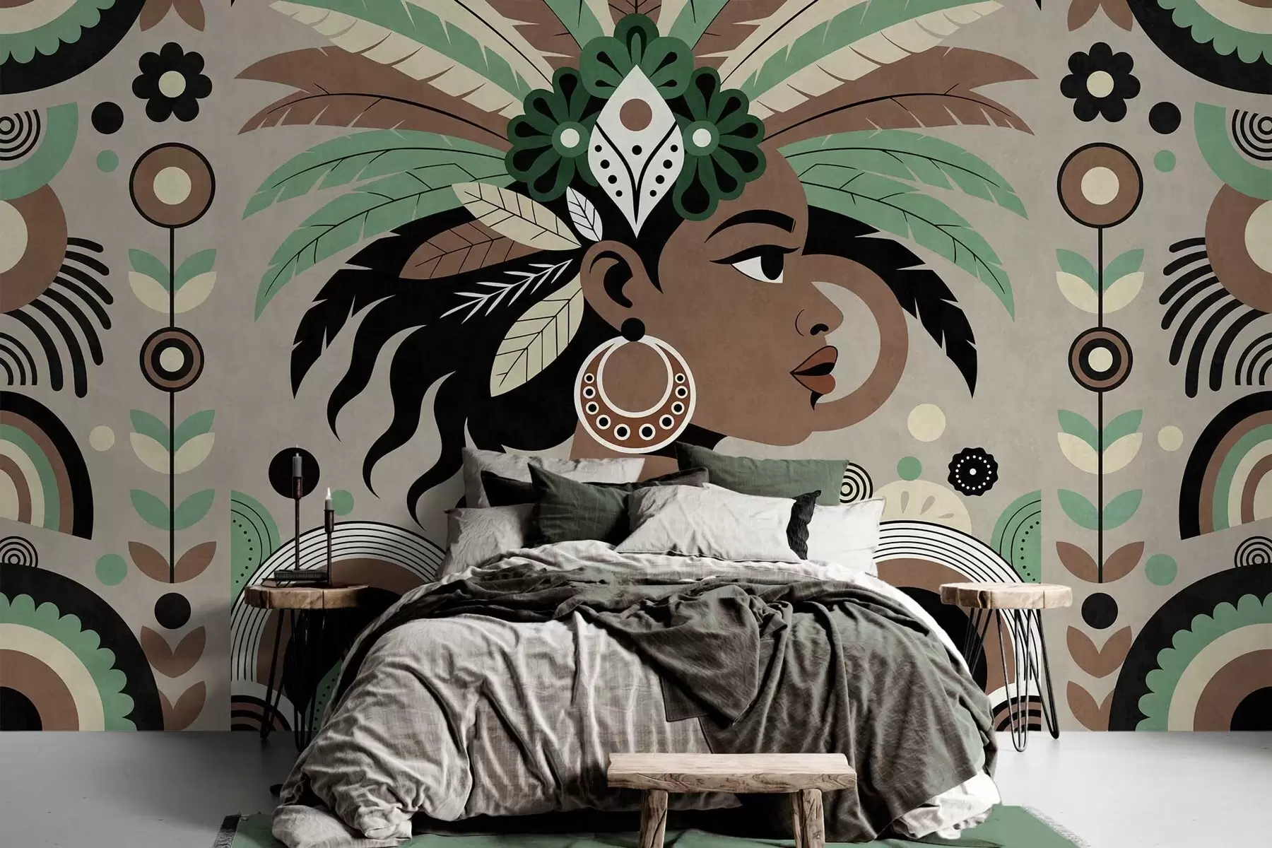Murale un motif élégant d'inspiration africaine dans des tons de vert, de marron et de beige w05389v1