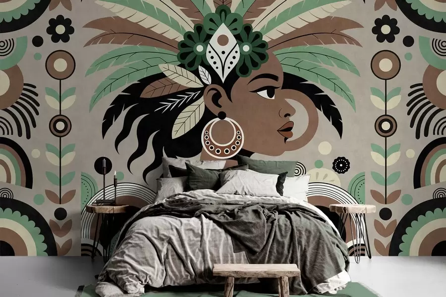 fototapeter et stilfuldt, afrikansk-inspireret design i nuancer af grøn, brun og beige w05389v1