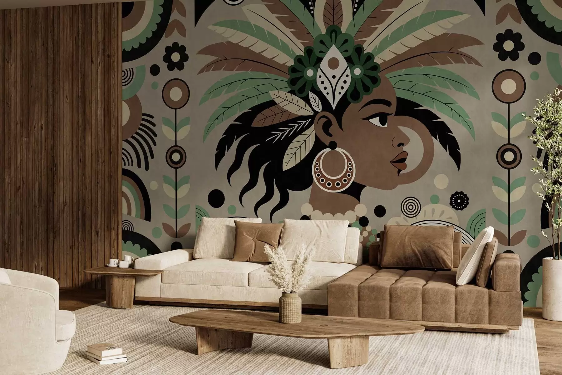 Murale un motif élégant d'inspiration africaine dans des tons de vert, de marron et de beige w05389v1