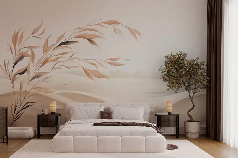 Murale Un paysage apaisant avec une branche au-dessus des collines, dans des tons beige clair w05297