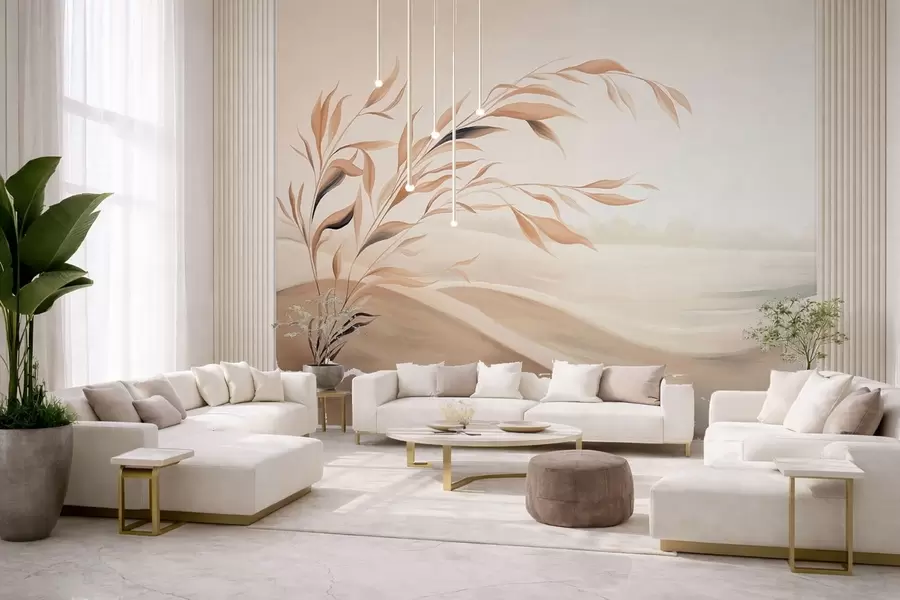 Murale Un paysage apaisant avec une branche au-dessus des collines, dans des tons beige clair w05297