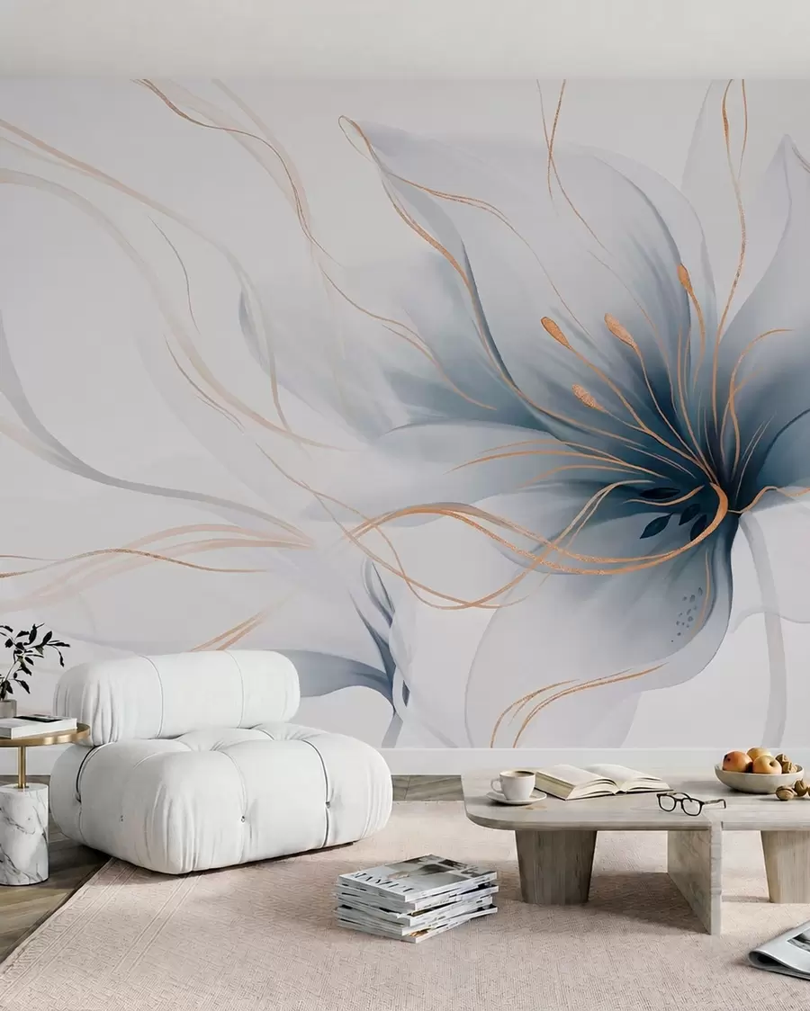 Murale Une fleur bleue abstraite aux lignes fluides, dans le style Fluid Art w05428